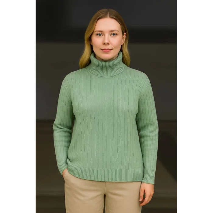 Balıkcı Yaka Bağazlı Triko Kazak Pamuklu Kalın Fitilli Dokuma - Mint Yeşili