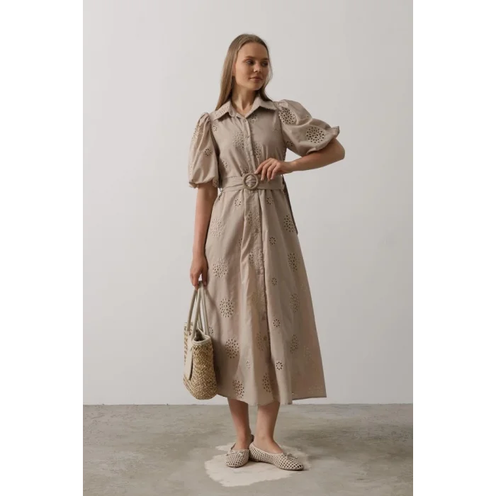 Balon Kol Kemerli Brode Elbise - Taş