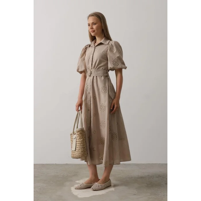 Balon Kol Kemerli Brode Elbise - Taş