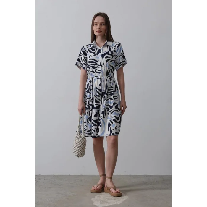 Baskılı Keten Elbise - Lacivert