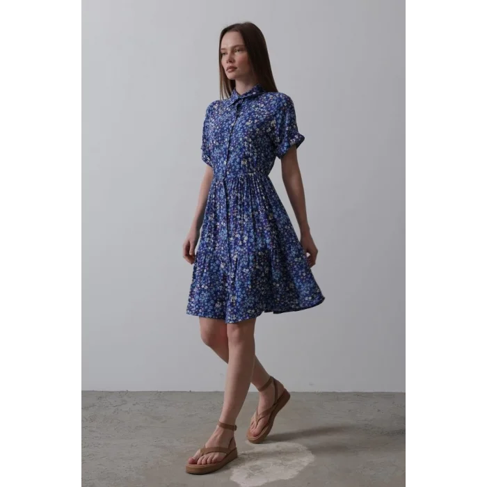 Baskılı Keten Elbise - Lacivert-Beyaz