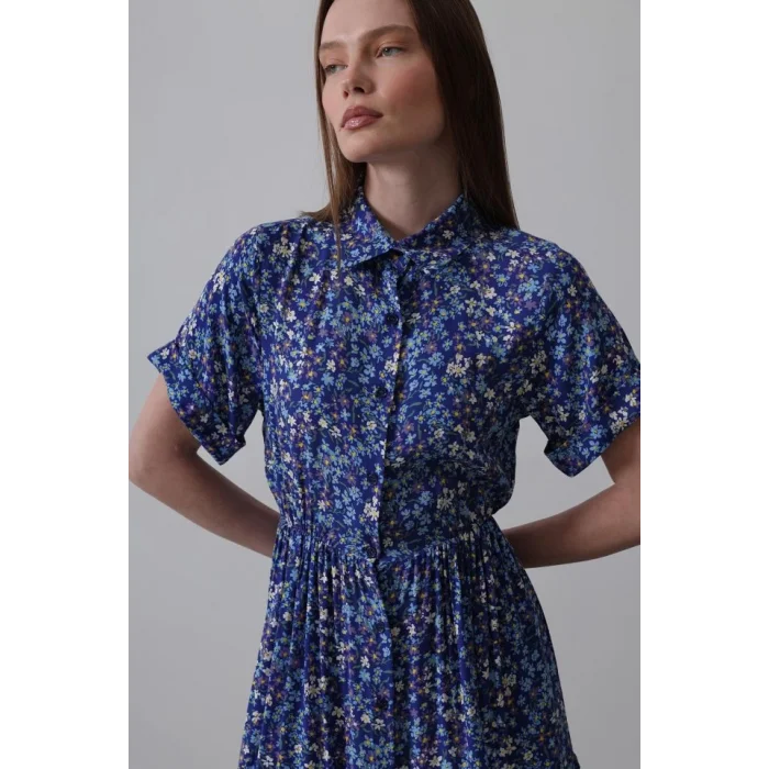 Baskılı Keten Elbise - Lacivert-Beyaz