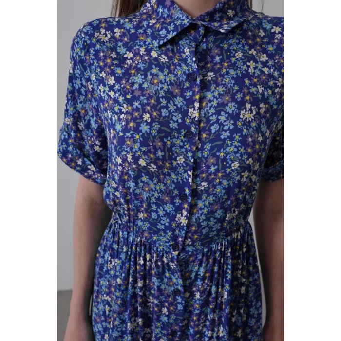 Baskılı Keten Elbise - Lacivert-Beyaz