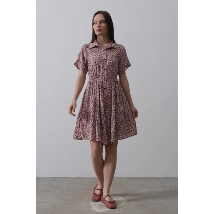 Baskılı Keten Elbise - Lila