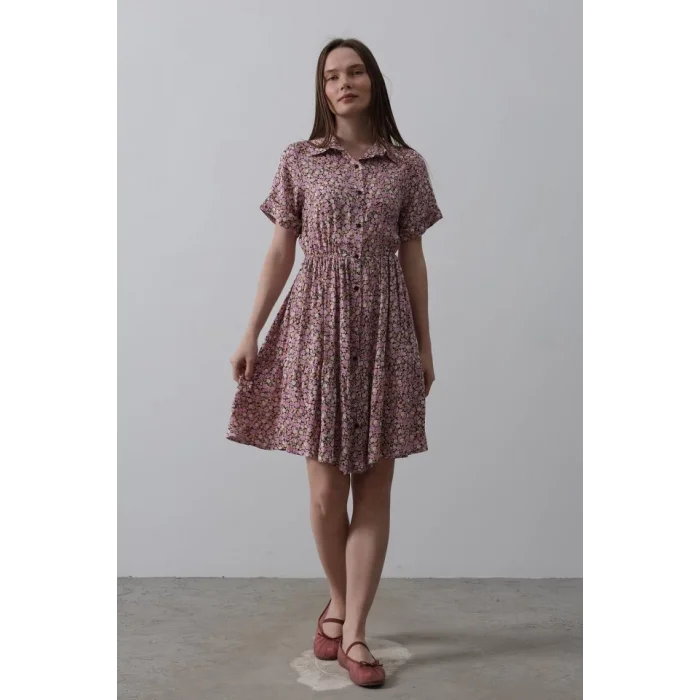 Baskılı Keten Elbise - Lila