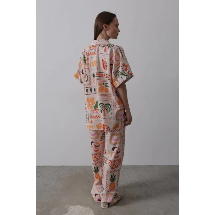 Baskılı Kısa Kol Pantolon Takım - Taş-Oranj