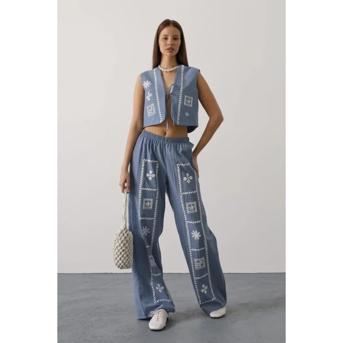 Baskılı Önü Bağlamalı Yelekli Takım - İndigo