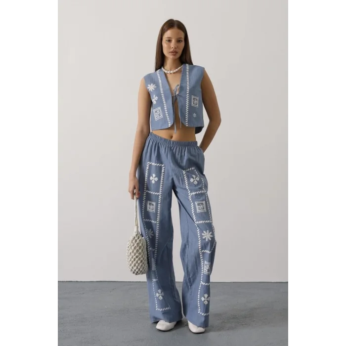 Baskılı Önü Bağlamalı Yelekli Takım - İndigo