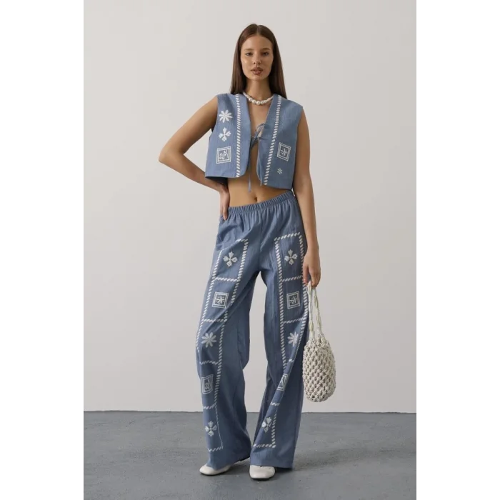 Baskılı Önü Bağlamalı Yelekli Takım - İndigo