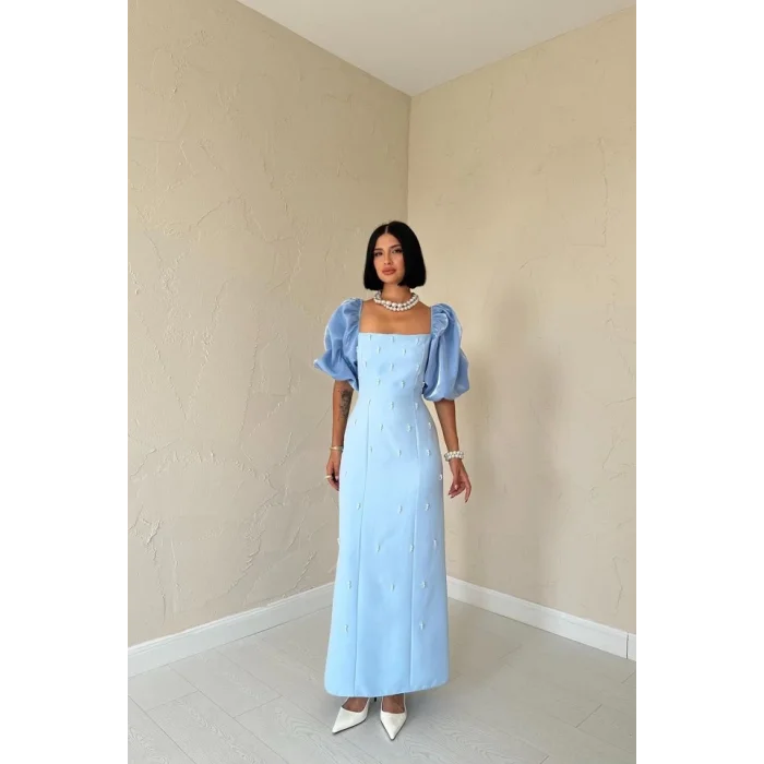 Bebe Mavi İşlemeli Kolu Garnili Elbise