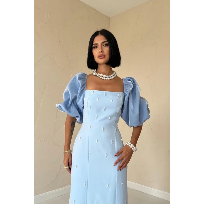 Bebe Mavi İşlemeli Kolu Garnili Elbise