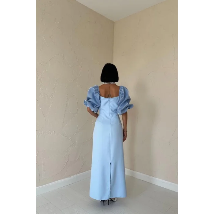 Bebe Mavi İşlemeli Kolu Garnili Elbise