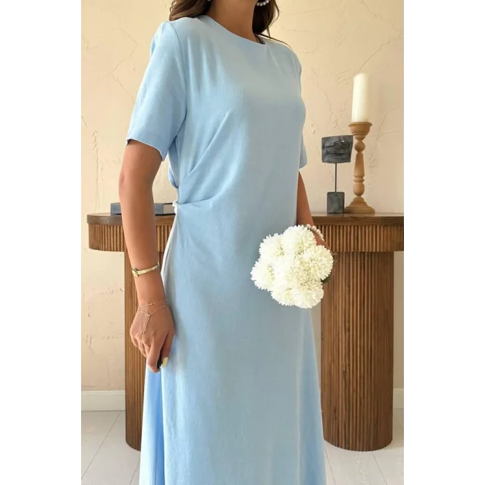 Bebe Mavi Pileli Bisiklet Yaka Elbise