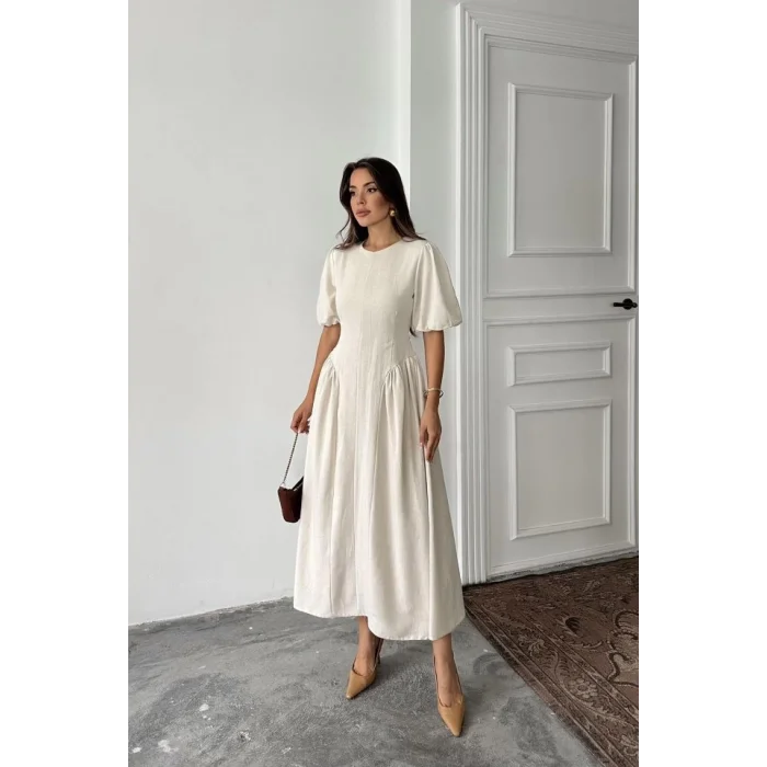 Bej Arkadan Bağlamalı Büzgülü Keten Elbise
