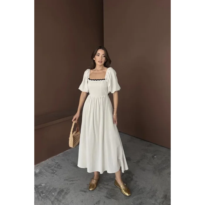 Bej Arkası Bağlamalı Keten Elbise