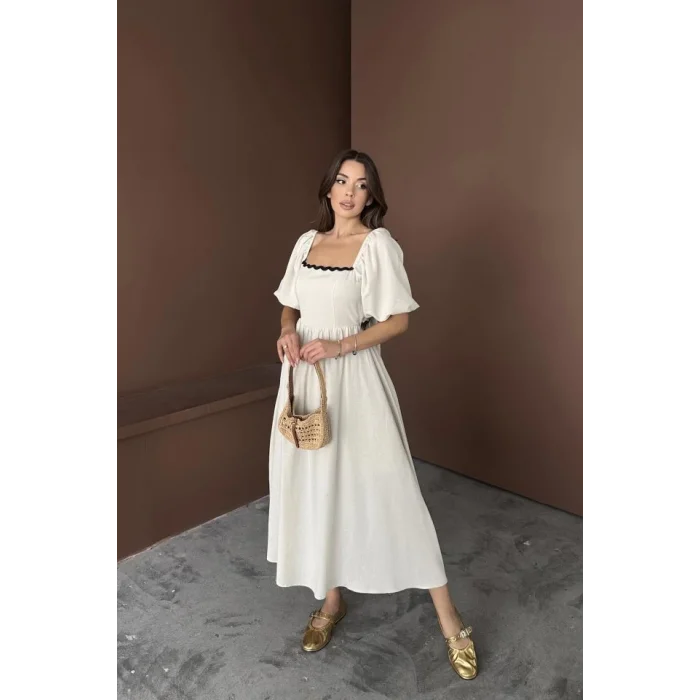 Bej Arkası Bağlamalı Keten Elbise