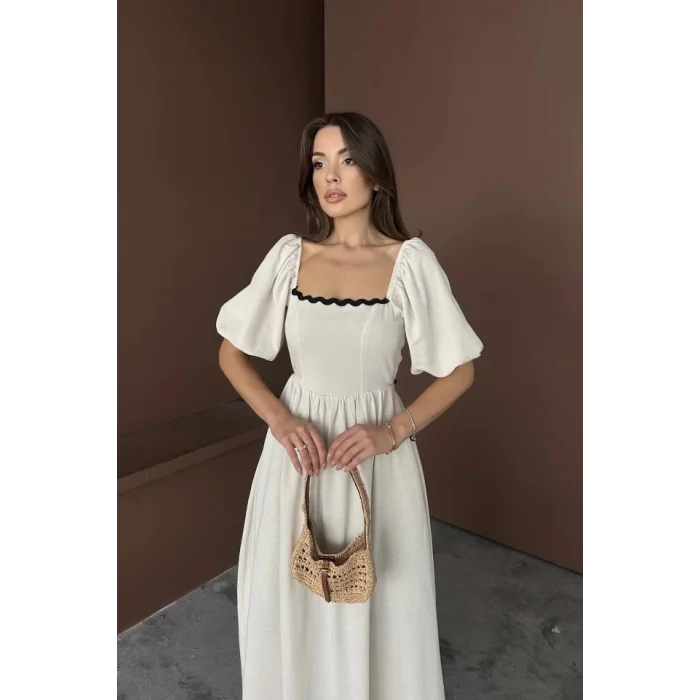 Bej Arkası Bağlamalı Keten Elbise