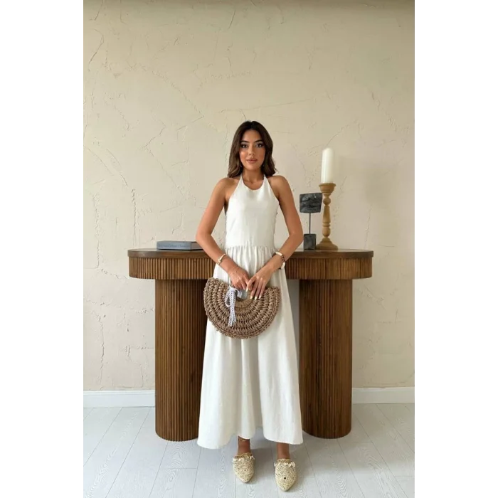 Bej Arkası Gipeli Keten Elbise