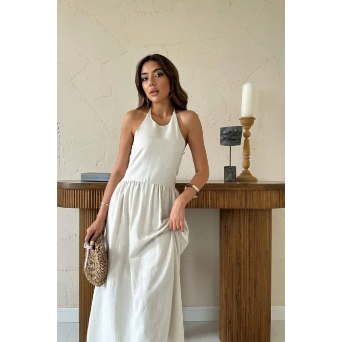 Bej Arkası Gipeli Keten Elbise