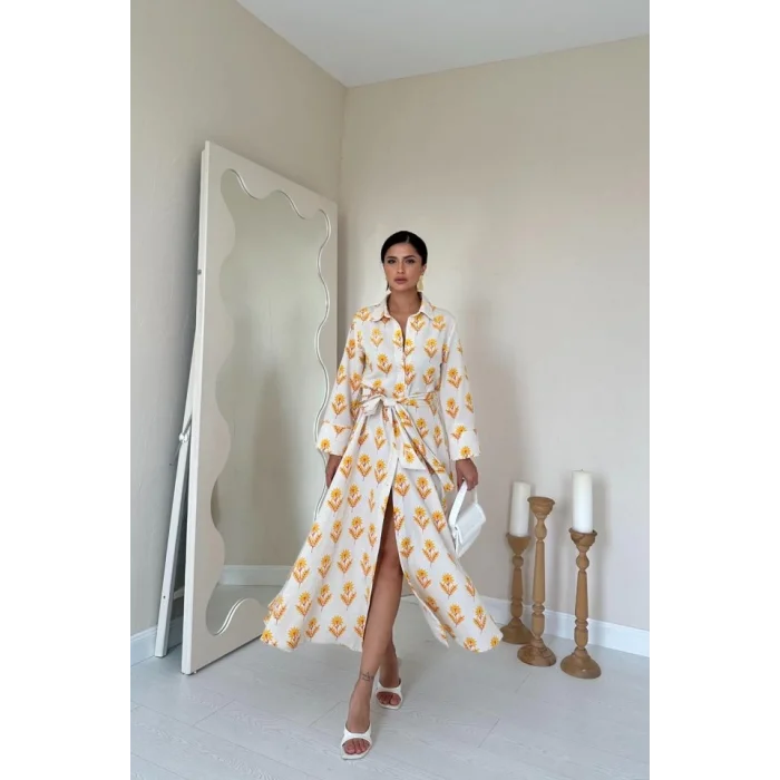 Bej Desenli Ve Önü Düğmeli Keten Elbise