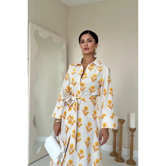 Bej Desenli Ve Önü Düğmeli Keten Elbise