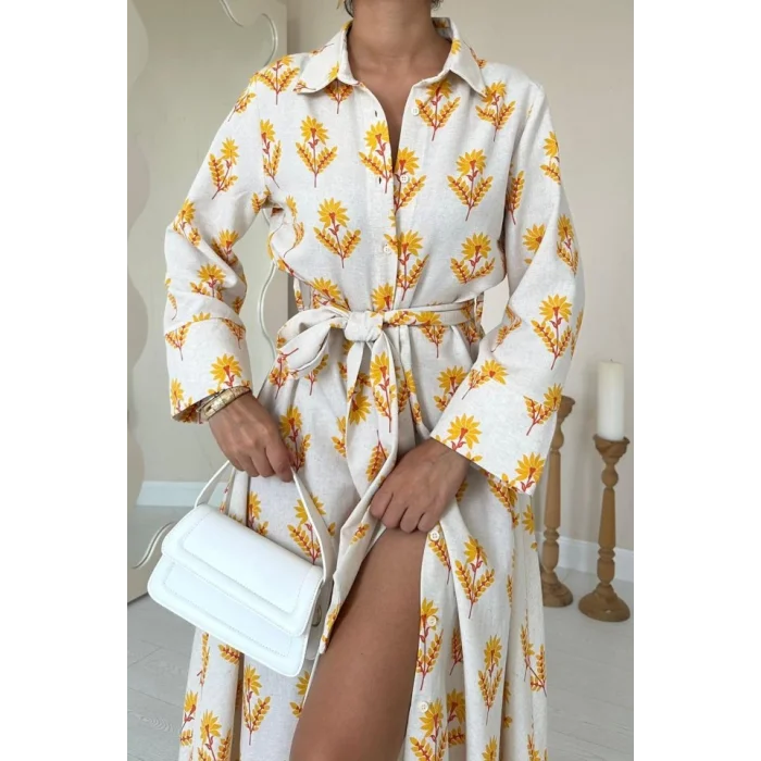 Bej Desenli Ve Önü Düğmeli Keten Elbise