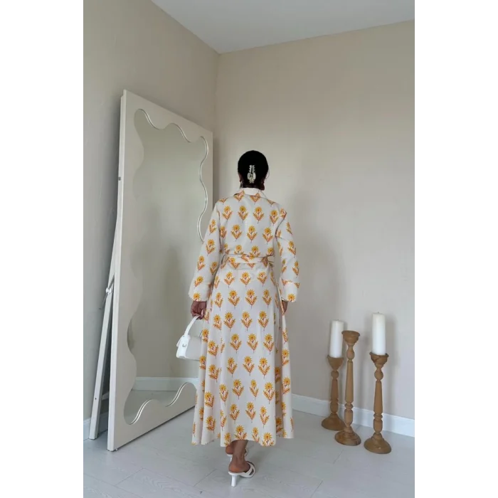 Bej Desenli Ve Önü Düğmeli Keten Elbise