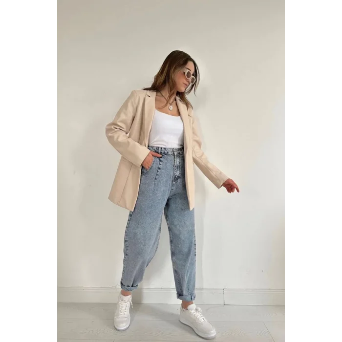 Bej Düğmeli Deri Ceket