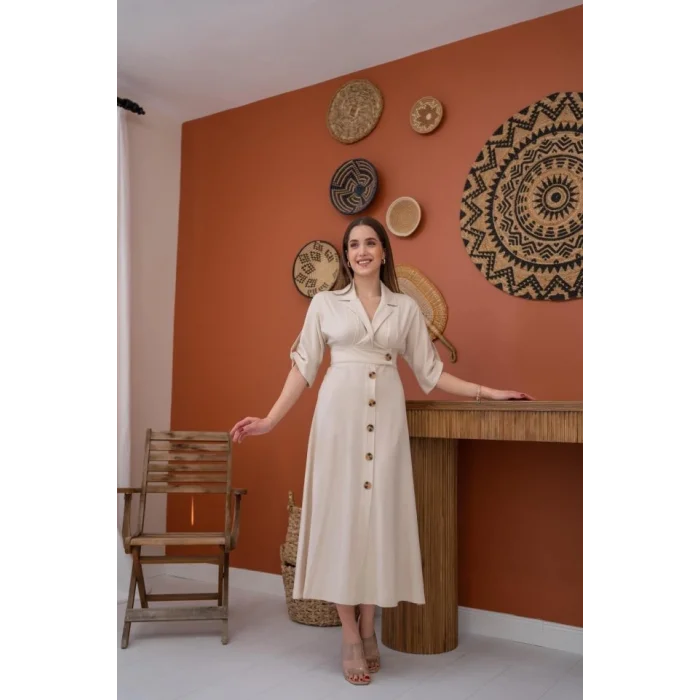 Bej Düğmeli Keten Elbise