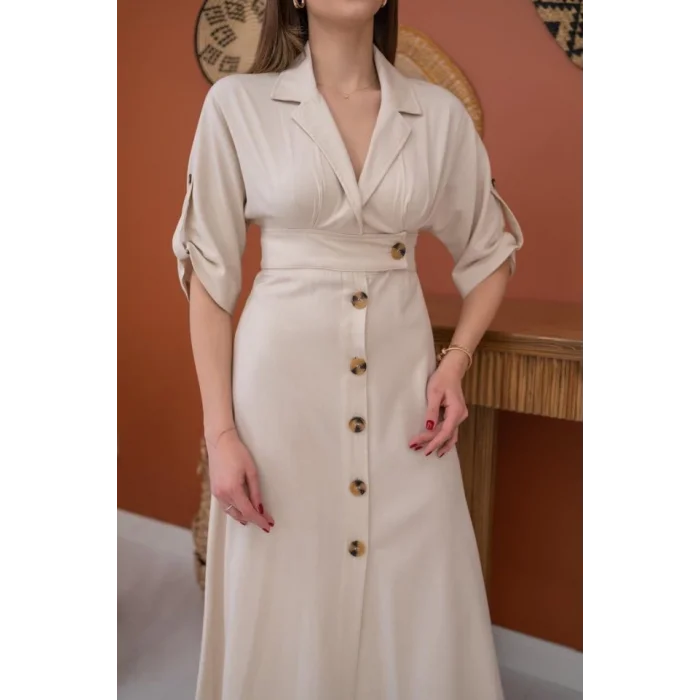 Bej Düğmeli Keten Elbise