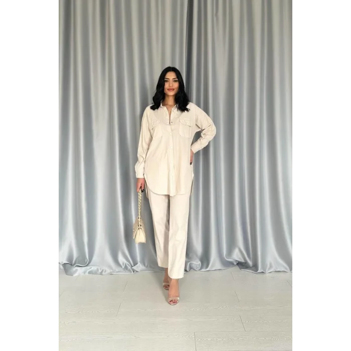 Bej Gömlek Ve Çıtçıtlı Pantolon Takım