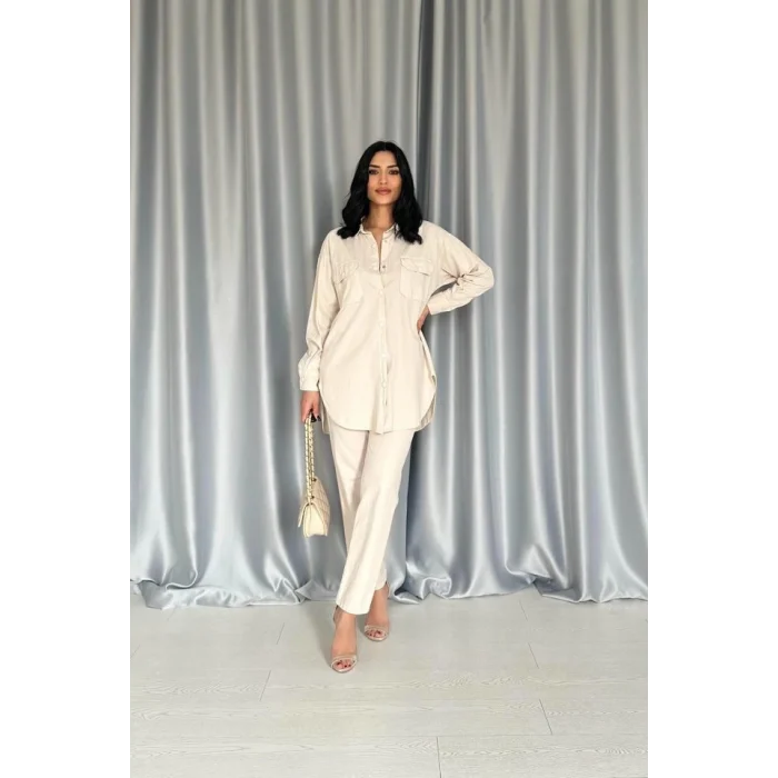Bej Gömlek Ve Çıtçıtlı Pantolon Takım