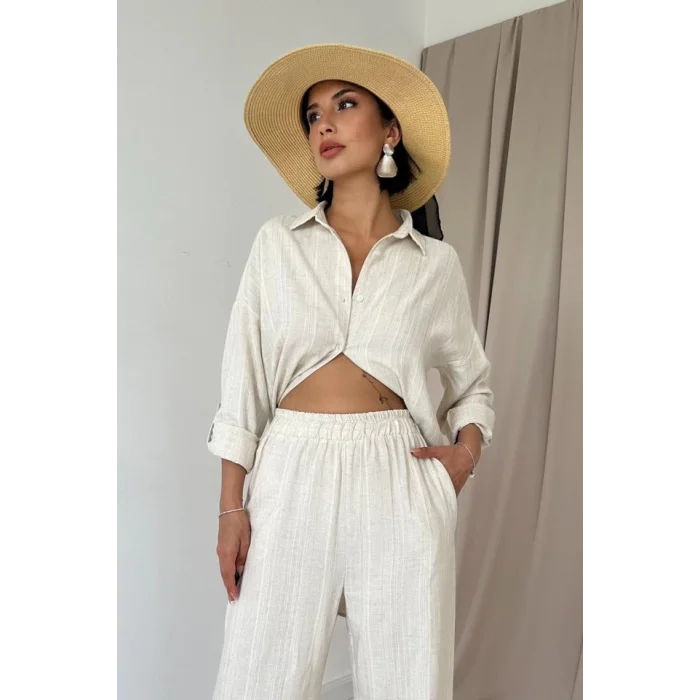 Bej Jakar Petek Gömlek Ve Pantolon Takım