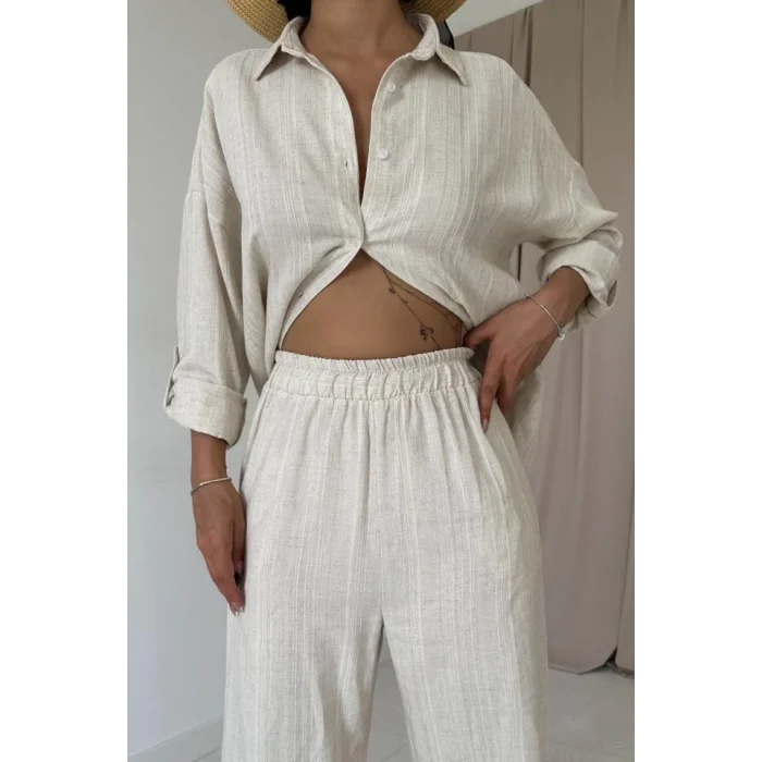 Bej Jakar Petek Gömlek Ve Pantolon Takım