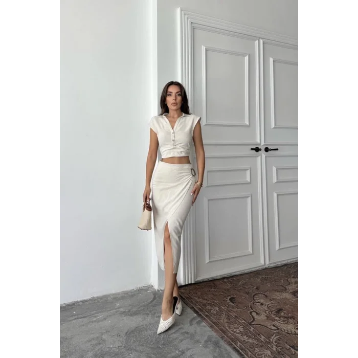 Bej Keten Gömlek Ve Etek Takım