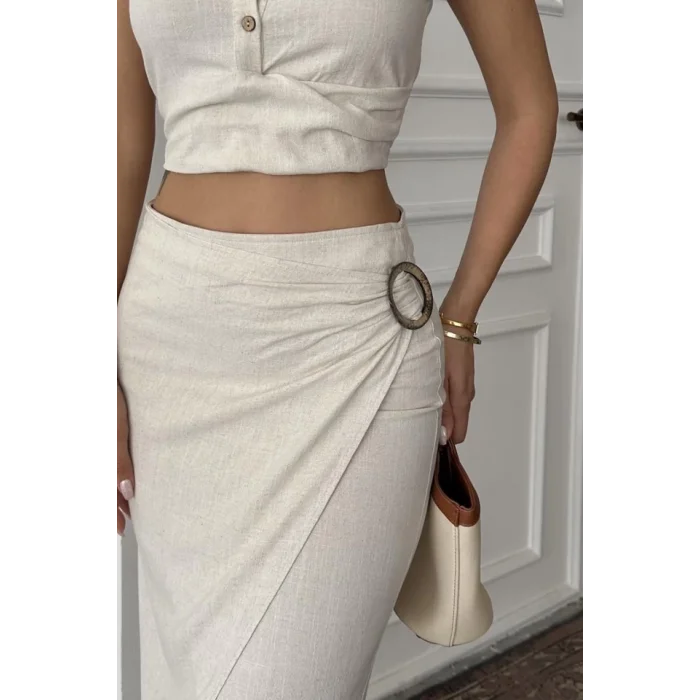 Bej Keten Gömlek Ve Etek Takım