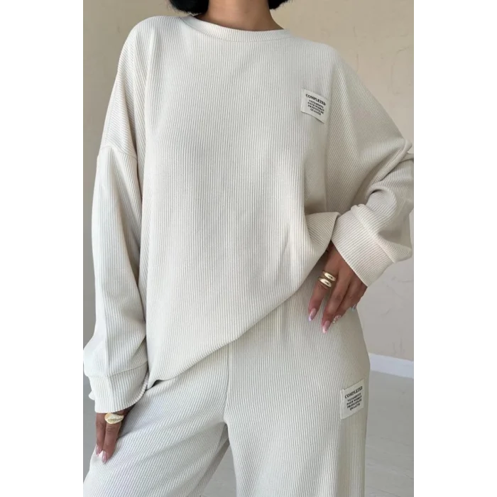 Bej Klasik Fitilli Kazak Ve Pantolon Takım