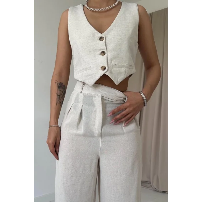 Bej Önü Düğmeli Yelek Ve Pantolon Takım