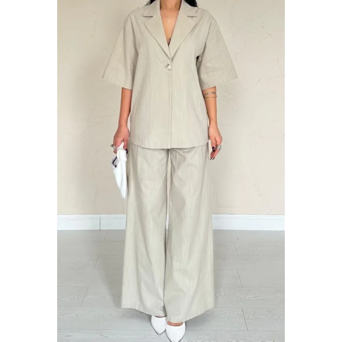 Bej Önü Tek Düğmeli Ceket Pantolon Takım