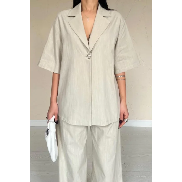 Bej Önü Tek Düğmeli Ceket Pantolon Takım