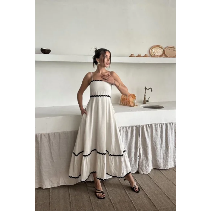 Bej Şerit Detay Keten Elbise