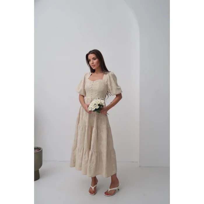 Bej Süs Düğmeli Balon Kollu Elbise