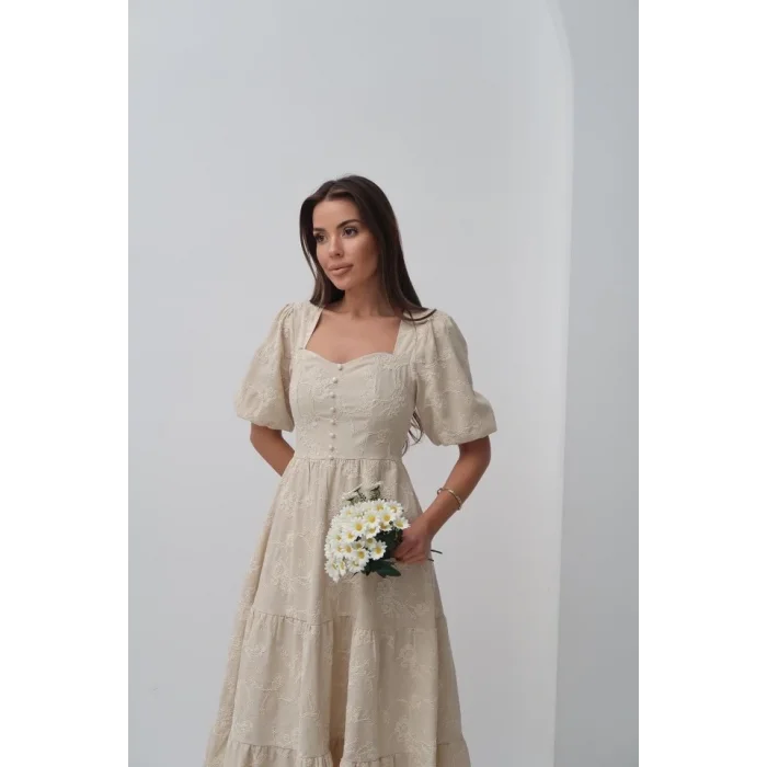 Bej Süs Düğmeli Balon Kollu Elbise