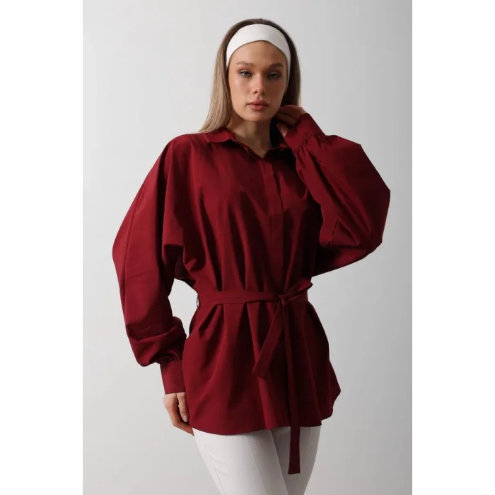 Bel Detaylı Gömlek - Bordo