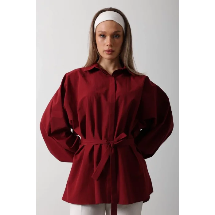 Bel Detaylı Gömlek - Bordo