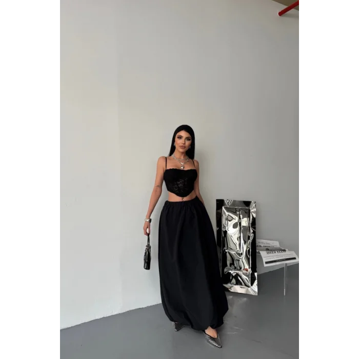 BEL LASTİKLİ BALON ETEK ŞANEL BOY SOFT KUMAŞ - Siyah