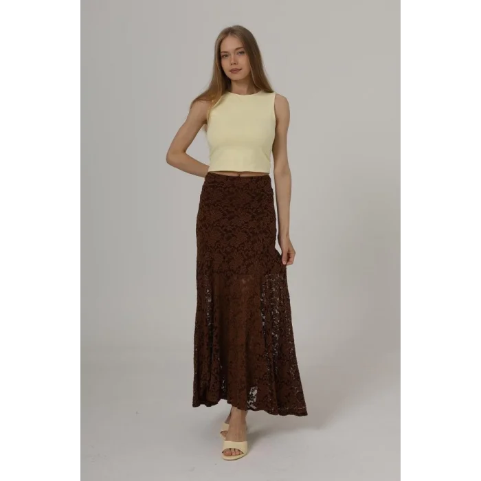Bel Lastikli Dantel Etek - Kahve