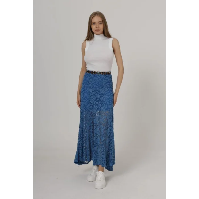 Bel Lastikli Dantel Etek - Mavi