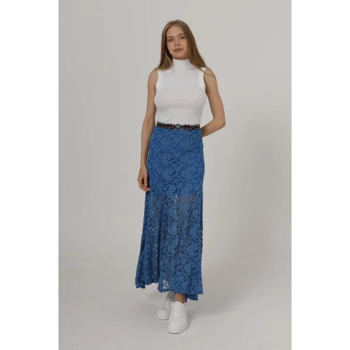 Bel Lastikli Dantel Etek - Mavi