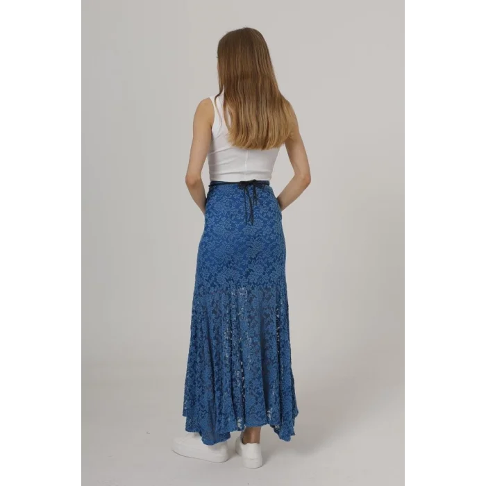 Bel Lastikli Dantel Etek - Mavi